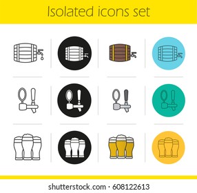 Beer icons set. Linear, black and color styles. Alcohol wooden barrel, beer tap and full foamy glasses. Isolated vector illustrations