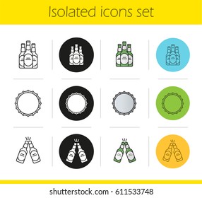 Beer icons set. Linear, black and color styles. Toasting beer bottles, bottle cap. Isolated vector illustrations