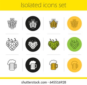 Beer icons set. Linear, black and color styles. Wheat ears, hop cones, full foamy beer glass. Isolated vector illustrations