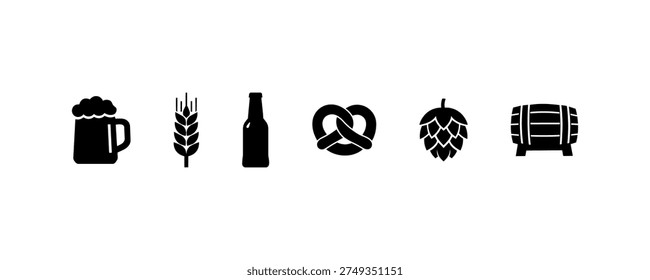 Beer icons set: mug, wheat, bottle, pretzel, hop, barrel silhouettes.