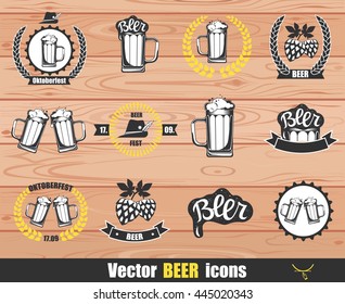 Beer icons set with Mug of Beer, wreath and Hop. Beer logotype. Vector illustration isolated on wood background. Icons for Beerfest and Oktoberfest, beer bar, menu or beer shop.