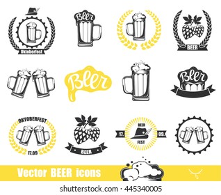 Beer icons set with Mug of Beer, wreath and Hop. Beer logotype. Vector illustration isolated on white background. Icons for beer bar, menu or beer shop.