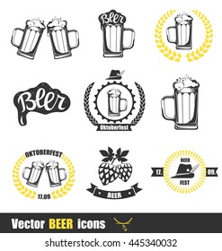 Beer icons set with Mug of Beer, wreath and Hop. Beer logotype. Vector illustration isolated on white background. Icons for beer bar, menu or beer shop.