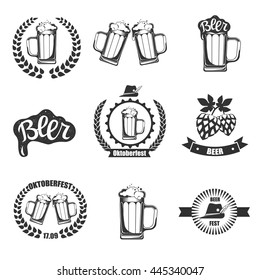 Beer icons set with Mug of Beer, wreath and Hop. Beer logotype. Vector illustration isolated on white background. Icons for beer bar, menu or beer shop.