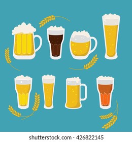 Beer icons set on blue background with malt, vector illustration.
