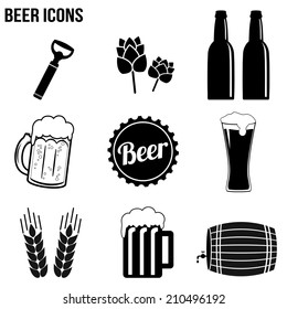 Iconos de cerveza establecidos en fondo blanco, ilustración vectorial