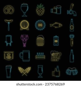 Beer icons set. Outline illustration of 25 beer vector icons neon color on black