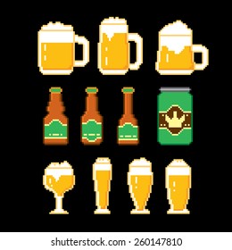 Beer icons set. Pixel art. Old school computer graphic style.