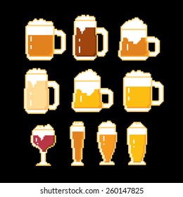 Beer icons set. Pixel art. Old school computer graphic style.