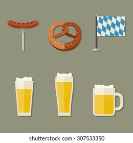 Beer icons set with pretzel and sausage.