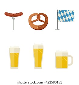 Beer icons set with pretzel and sausage.