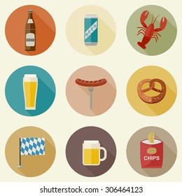 Beer icons set with a snack in a flat style.