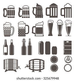 beer icons set. Wooden barrel, glass, can, bottle cap,  mug,  bottles, keg. vector illustration.