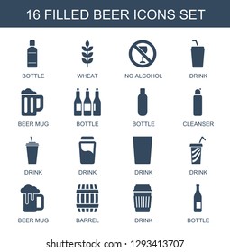 beer icons. Trendy 16 beer icons. Contain icons such as bottle, wheat, no alcohol, drink, beer mug, cleanser, barrel. icon for web and mobile.