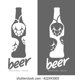 Beer icons, vector illustration simple plain logo, beer bottle with hop logo black and white, simple concept of beer alcoholic drink with a bottle logo