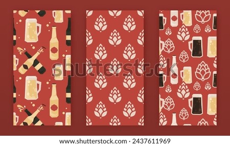 Beer icons vector seamless patterns set. Many glass bottles, big mugs signs. Funny old style print. Art for packaging design, drink festival poster layout. Pub, bar advertising. Cute cartoon backdrop