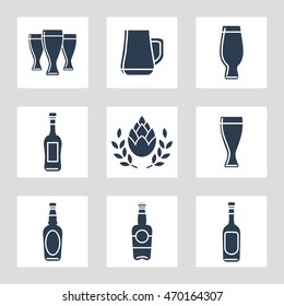 Beer icons vector set with bottles glasses hop and wheat