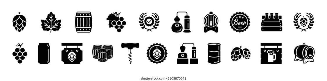 Juego de vectores de iconos de cerveza. Hop, uva, barril, destilería, corkbolt, certificada, cartón, tapa de rack y botella, tambor de aceite, fábrica, lata de soda, icono de correa de trigo para aplicaciones y sitios web, ilustración de símbolo