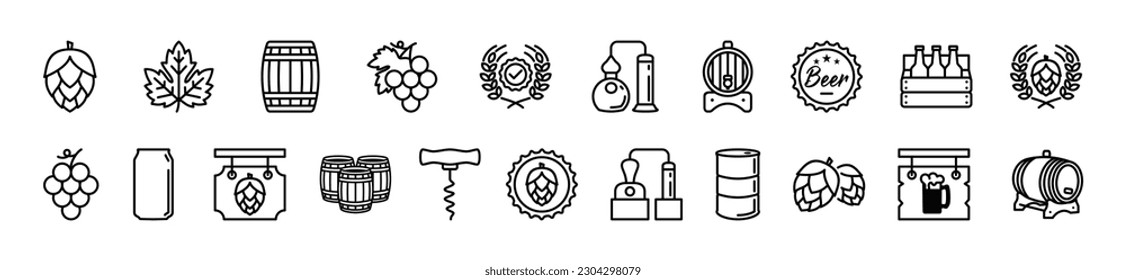 Beer icons vector set. Hop, grape, barrel, distillery, corkscrew, certified, signboard, rack and bottle cap, oil drum, factory, soda can, wheat wreath icon for apps and websites, symbol illustration