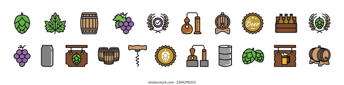 Beer icons vector set. Hop, grape, barrel, distillery, corkscrew, certified, signboard, rack and bottle cap, oil drum, factory, soda can, wheat wreath icon for apps and websites, symbol illustration