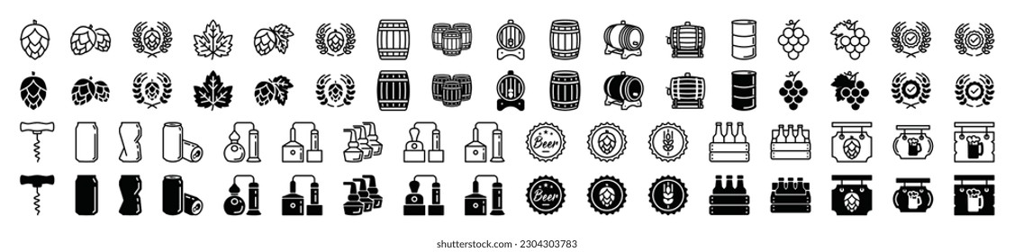 Beer icons vector set. Hop, grape, barrel, distillery, corkscrew, certified, signboard, rack and bottle cap, oil drum, factory, soda can, wheat wreath icon for apps and websites, symbol illustration