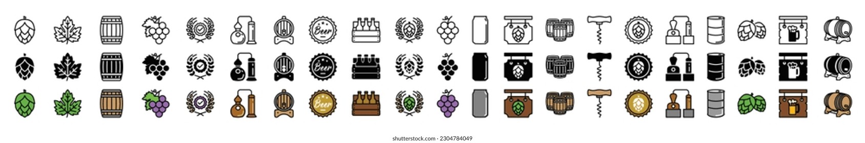 Beer icons vector set. Hop, grape, barrel, distillery, corkscrew, certified, signboard, rack and bottle cap, oil drum, factory, soda can, wheat wreath icon for apps and websites, symbol illustration