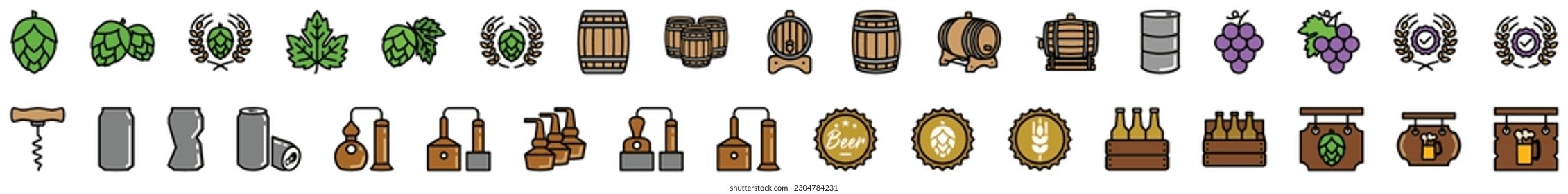 Beer icons vector set. Hop, grape, barrel, distillery, corkscrew, certified, signboard, rack and bottle cap, oil drum, factory, soda can, wheat wreath icon for apps and websites, symbol illustration