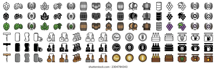 Beer icons vector set. Hop, grape, barrel, distillery, corkscrew, certified, signboard, rack and bottle cap, oil drum, factory, soda can, wheat wreath icon for apps and websites, symbol illustration