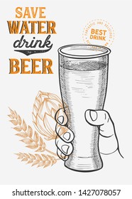 Beer illustration - glass, bottle, can for restaurant on vintage background. Vector hand drawn alcohol drinks icons for bar and pub. Design with lettering and graphic elements.