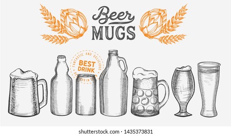 Beer illustration - glass, bottle, can for restaurant on vintage background. Vector hand drawn alcohol drinks icons for bar and pub. Design with lettering and graphic elements.