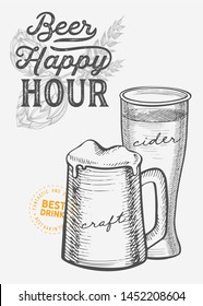 Beer illustration - glass, bottle, can for restaurant on vintage background. Vector hand drawn alcohol drinks icons for bar and pub. Design with lettering and graphic elements.