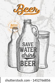 Beer illustration - glass, bottle, can for restaurant on vintage background. Vector hand drawn alcohol drinks icons for bar and pub. Design with lettering and graphic elements.
