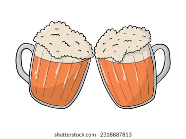 Beer illustration, hand drawn beer glasses with drink inside, Oktoberfest print, sticker, banner, card. Beer doodle, cartoon element. EPS 10