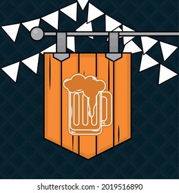 Beer illustration with pennants and wooden banner