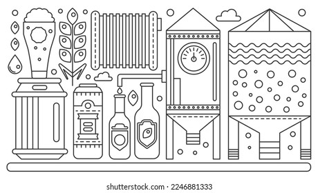 Beer industrial brewing process, brewery factory production design, beer brewing process, traditional beer crafting thin line process vector illustration