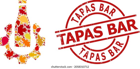 Beer Industry mosaic icon combined for fall season, and TAPAS BAR unclean seal. Vector beer industry mosaic is constructed with scattered fall maple and oak leaves.