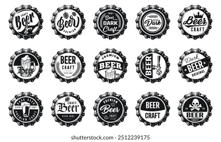 Etiquetas de conjunto de la industria de la cerveza monocromo con tapas de metal para bebidas alcohólicas embriagadoras con inscripciones publicitarias Ilustración vectorial