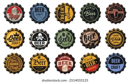 Indústria de cerveja definir logotipos coloridos com tampas de garrafa ale para bar ou taverna design interior para homens ilustração vetorial