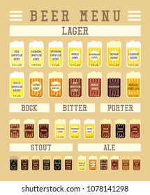 Beer Infographic. Types of Beer - Lager, Bock, Bitter, Porter, Stout, Ale. Vector Illustration.