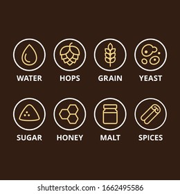 Beer ingredient icons. Basic ingredients like hops, grain and yeast, and optional add-ins. Homebrewing, craft beer making symbol set.