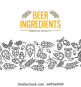 Beer ingredients design card with images under the yellow text and repeating of flowers, twig of hops, blossom, malt vector illustration