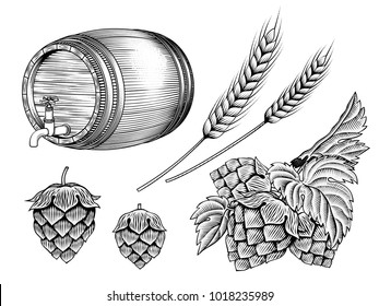 Beer ingredients set, barrel, wheat ears and hops in etching shading style on white background