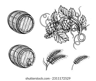 Beer ingredients set, barrel, wheat ears and hops engraving style elements on white background.