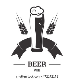 Beer insignia logo with glassware isolated on white background. Vintage ale and lager emblem for brewery. Vector elements for label or badge design. EPS vector illustration.