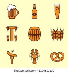 Beer ions set with mug, beer bottle, glass, barrel, wheat, sausage, lobster and salty pretzel.