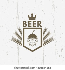 Beer isolated vector vintage label on background with grunge texture, shield with hop and wheat