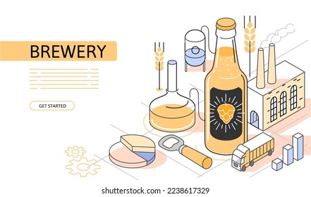 Beer Isometric Concept. Uso para página web, banner, infografías. Línea editable de ilustración plana. Cervecería