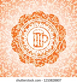 beer jar icon inside abstract orange mosaic emblem