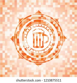 beer jar icon inside abstract orange mosaic emblem