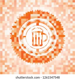 beer jar icon inside abstract orange mosaic emblem with background